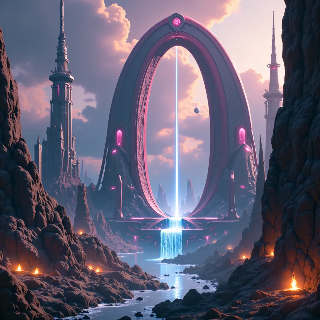 future city star gate, Roger Dean, Official Illustration, inspired Roger Dean, detailed futuristic cityscape,towering skyscrapers,advanced architecture,glowing energy fields,floating platforms,alien technology,cinematic lighting,moody atmosphere,dramatic s...