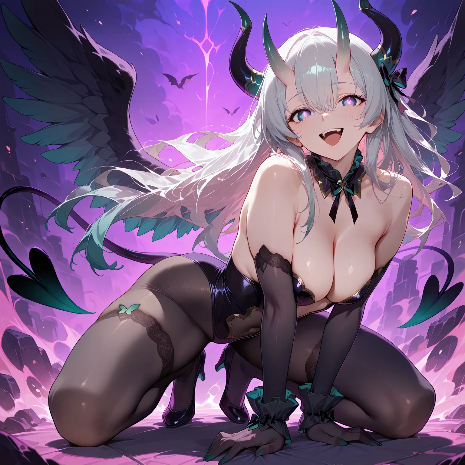 masterpiece, best quality, amazing quality, very aesthetic, firefly hsr, very long hair,silver hair, smooth straight hair, teal green gradient hair tips,purple demon eyes, gray shoulder length long gloves made of thin silk, detailed slim body, anime screen...