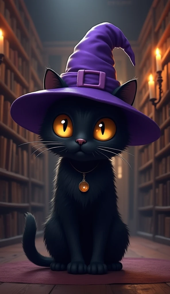 A wizard cat named Lunny with sleek black fur and mesmerizing golden eyes, wearing a solid purple hat without any symbols or pendants, enters an ancient library. The background is a dimly lit room with tall bookshelves and flickering candles, creating a se...