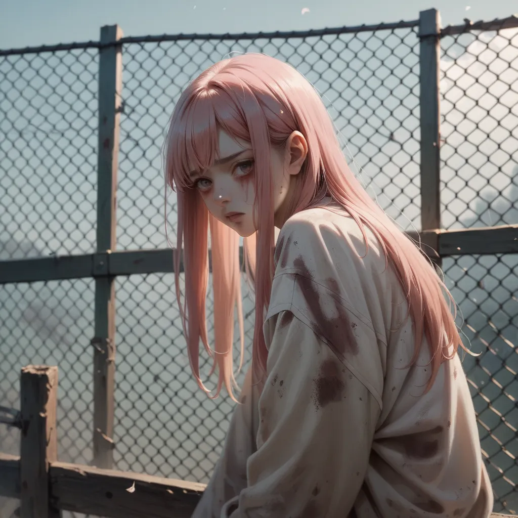 Japanese girl. pink long hair with bangs. Dirty body. Bruises. Injuries. Rusty metal fence . Shy. Air force 