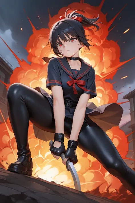 masterpiece, best quality, amazing quality, front view, from below, 1girl, solo, short hair, black hair, ponytail hair with red ribbon, red eyes, black and red sailor uniform, short sleeve, (black fingerless leather gloves), superhero landing pose, holding...