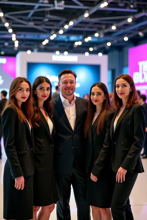 Leyla aliyeva, arzu Aliyeva, ilham aliyeva and elon musk standing for a photo shoot on an international tech conference