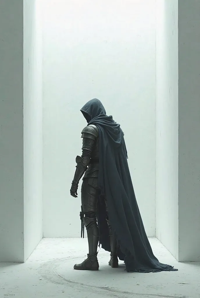 In a white cube room, a knight wearing a Dark Souls knight helmet and cloak is looking back