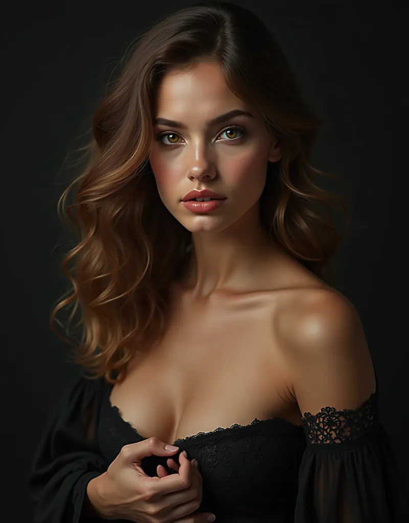  portrait Face , Imagen realistic, photography, aesthetics.  detailed image. Ilustración realistic. Ambiente de dark,  high standard , luxury. view profile,  Diagonal focus .  Pose half profile .  Woman with a seductive look ,  delicate face,  tense jaw , ...