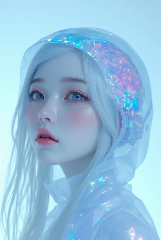 A close-up portrait of a futuristic woman with pale blue skin against a clean white background. She wears a transparent head covering that reveals the intricate details of her skull and glowing brain beneath. The head covering has a subtle holographic shim...