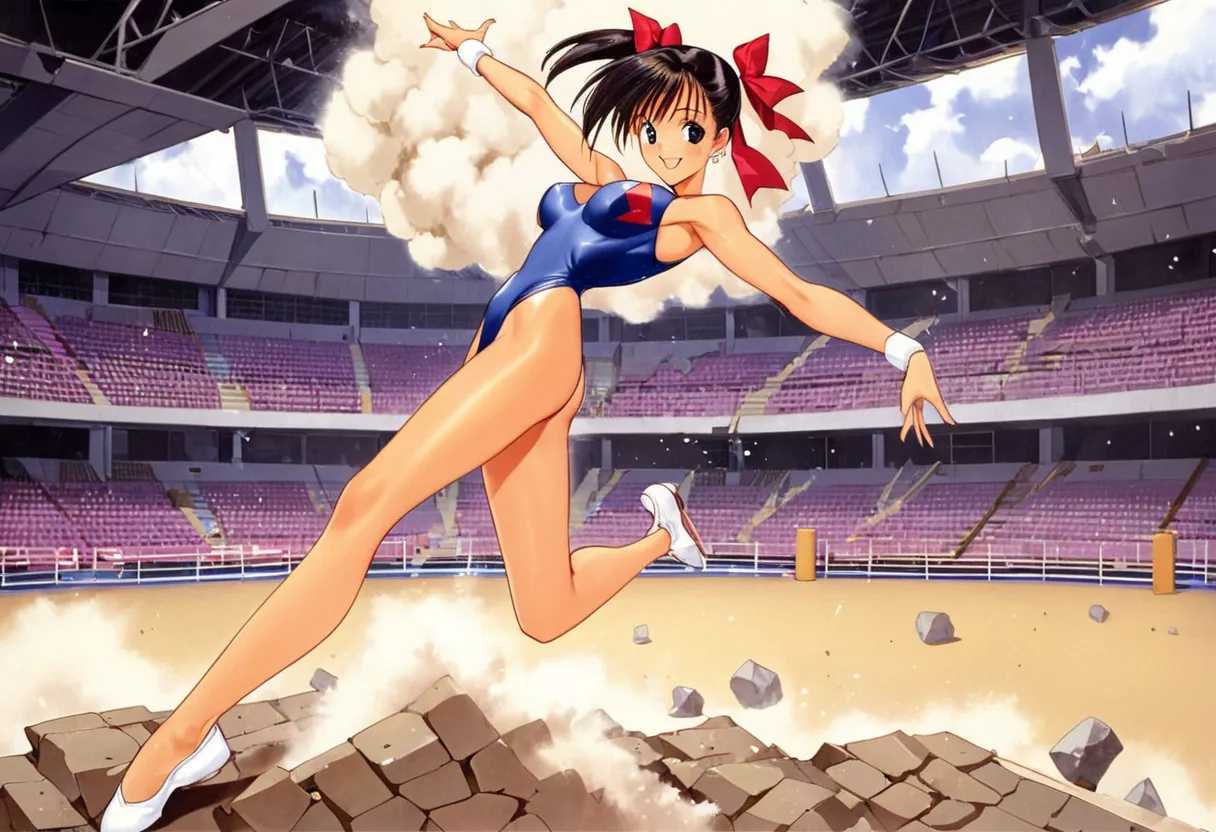 beautiful girl,Large Breasts,Long legs,smile,New Gymnastics, leotard,ribbon,arena,gym,rubble,Dust cloud,motion blar,1990s