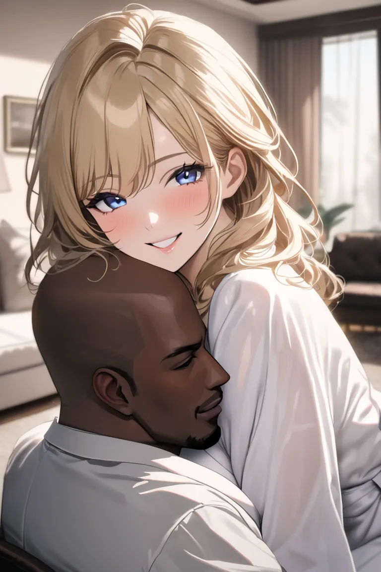 top quality, masterpiece, Hi-Res, 8k, (1 girl 1 boy ), duo, sexy, (bust shot), (a married woman wearing a white bathrobe), wavy blonde hair, Mature Woman, ((( kind expression))), living room,  smile, ((( toro face))), Beautiful breasts, Blue Eyes, Married ...