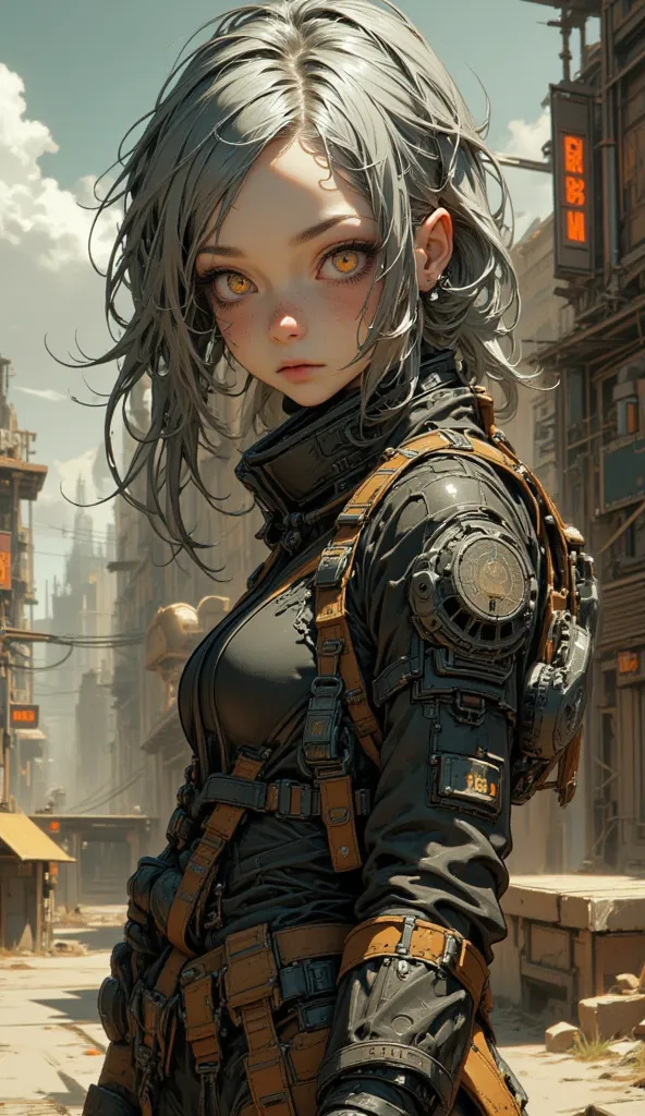 Very realistic 、High Quality Textures { x}  beautiful and delicate eyes、high image quality、Top Quality、exhaustive、 Tim Burton Style、add cyberpunk elements to the Mad Max worldview、Draw a young woman、ruined future city like a ghost、Desertification、 Violence...