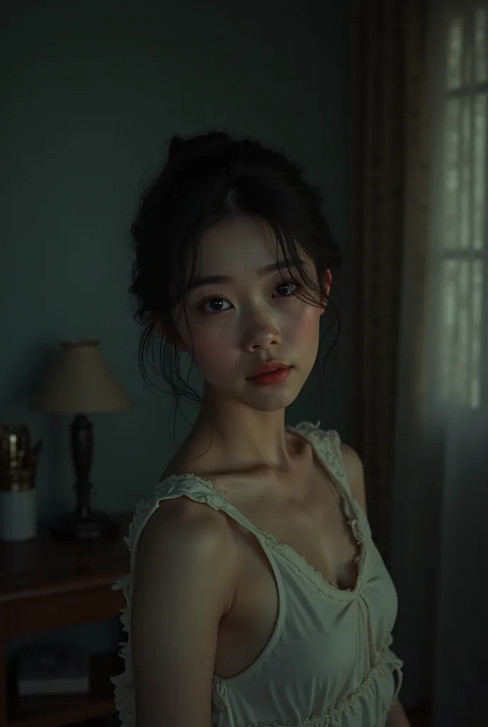 Asian girl in room dark with douyin makeup cute more realistic 