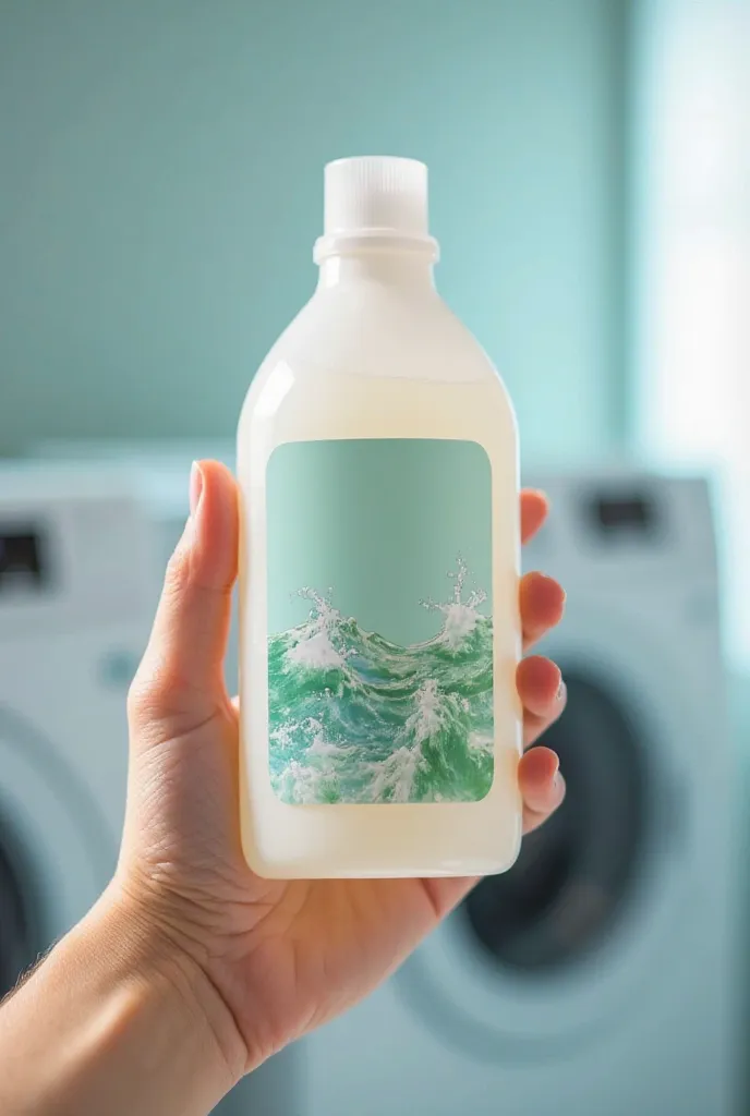 Close-up of a hand holding a modern bottle of liquid detergent, label showing clean fresh imagery, background blurred with bright clean laundry room, close-up shot, hyper-realistic, photo realism, cinematography, ar 9:16