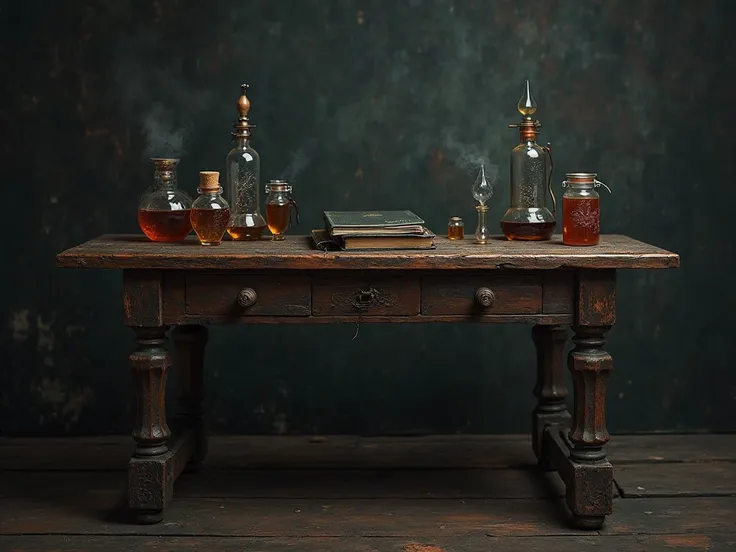 I want an old wooden table, Dark with alchemist objects on top. Some potions a large dark book. Remember that this table will be used in a photoshopped art, so adjust its angle to see its entire surface but not its legs.