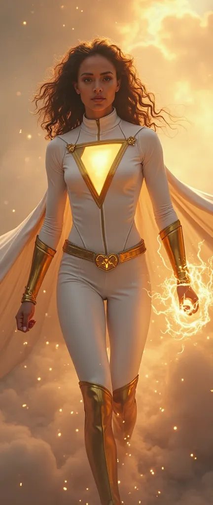 A strong  American wavy hair Lady  Shazam superhero wearing a white suit  gold cuffs and belt and boots and a white cape, with  and glowing yellow eyes, holding a small golden lightning bolt in his hand, a flying