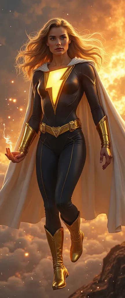 A strong  American wavy hair Lady  Shazam superhero wearing a black suit  gold cuffs and belt and boots and a white cape, with  and glowing yellow eyes, holding a small golden lightning bolt in his hand, a flying