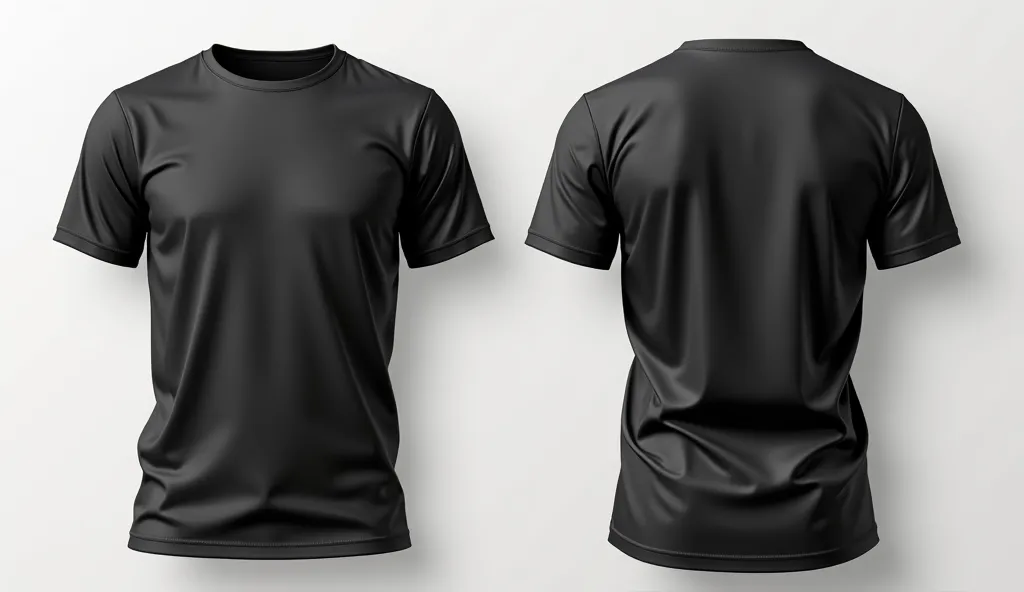 A high-quality mockup of a black T-shirt laid flat on a wooden table. The T-shirt is displayed from both front and back angles, with realistic fabric texture, natural folds, and subtle lighting. The table has white, providing neutral background. The T-shir...