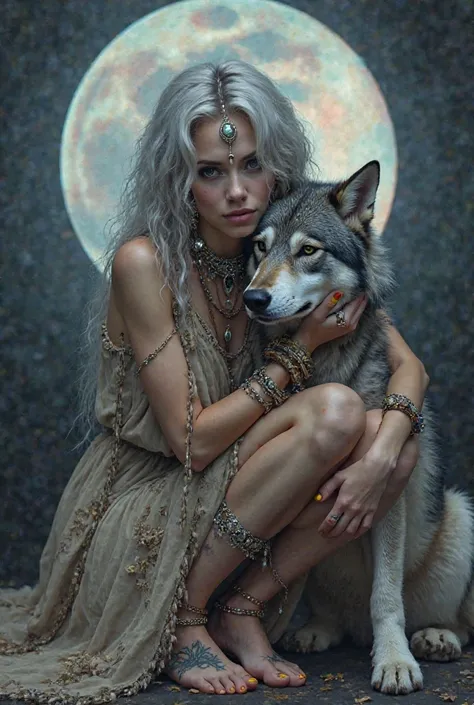 A woman with light gray thick hair, in a hippie style dress, with a JEWEL hanging by a chain in the middle of head. She has a lot of necklaces and beads around her neck, her wrists and her ankles. Tattoos on both feet. She is hugging a gray and black wolf ...