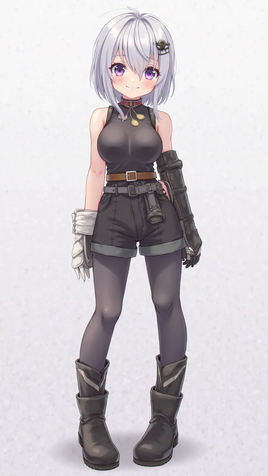 anime　Petite　 Silver Hair　straight short hair　 purple eyes　black cowgirl costume　 sleeveless　black cowgirl pants　black boots　band around the neck　full body　black boots　Navel-baring look　The pants are black shorts　Clothes are short　Hanging belt at the waist