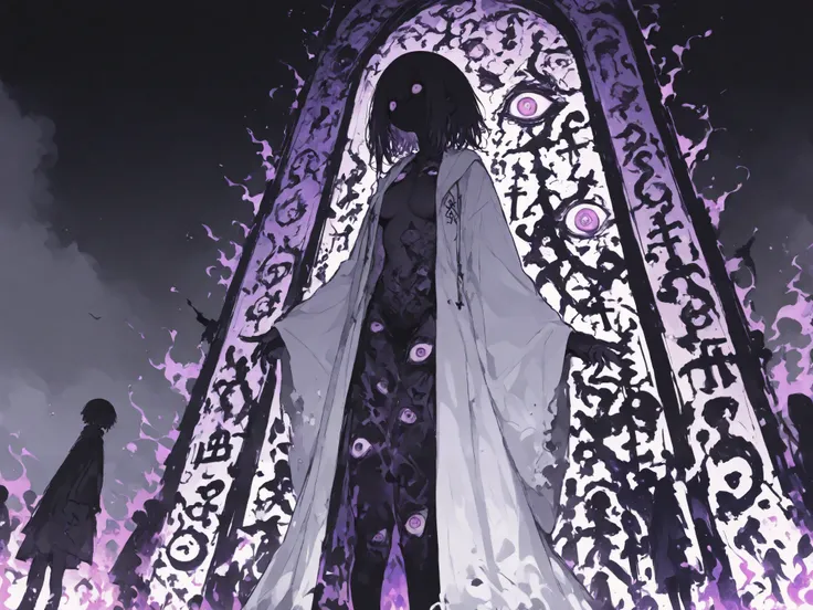 General,Komeshiro Kasu style, r17329_illu, 15546+456868,usnr,hzk,(masterpiece, best quality, illustration, soft colors, ultra-detailed), A close-up of a sorrowful, purple-eyed demon standing at the center of a dark, fog-covered altar. They are dressed in t...