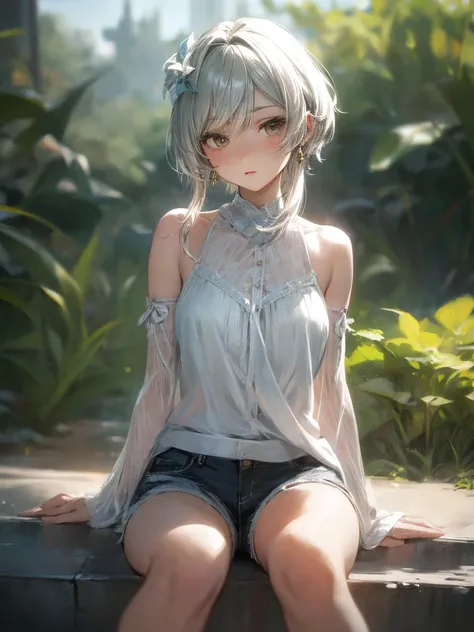 one-girl，Delicate and beautiful face，Short flowing silver hair，Delicate earrings，Extra short underwear，Ultra shorts，Delicate skin，tmasterpiece，sat on the ground