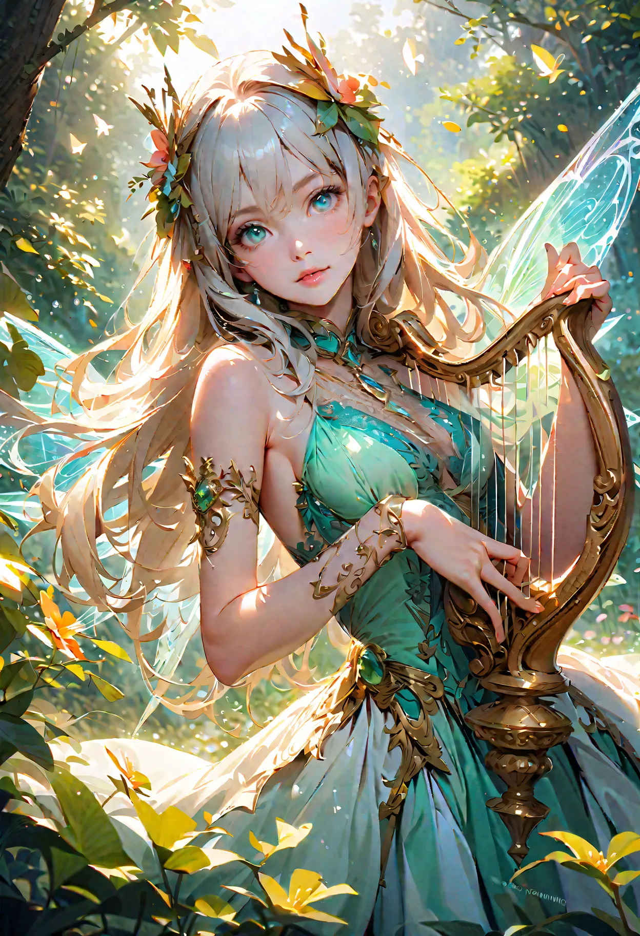 (best quality, 4K, 8K, high resolution, masterpiece:1.2), ultra-detailed, hyper-realistic, ethereal fantasy art

A breathtaking fairy girl with delicate, translucent wings gracefully plays a magnificent harp in a serene, enchanted garden. The harp is intri...