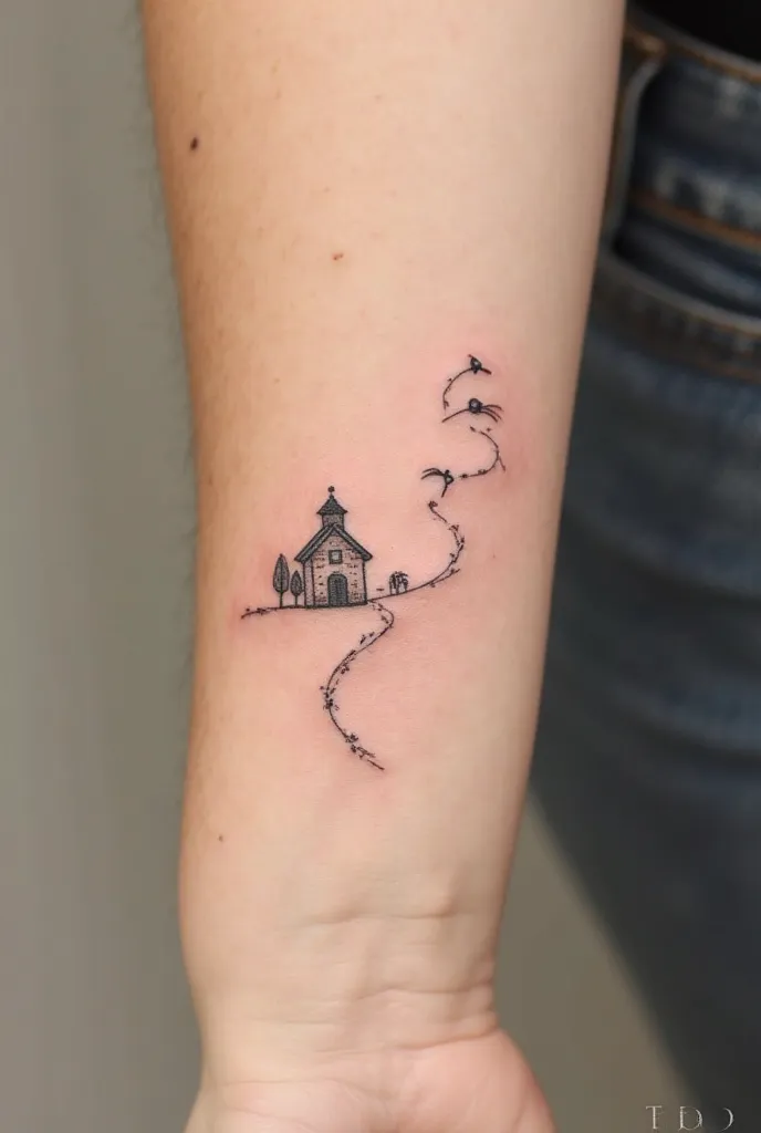 "A minimalist and delicate tattoo for women, inspired by the song '93 million miles'. The design must convey warmth, belonging and connection, with a subtle and elegant style. Suggested elements include a small house or a lighthouse, a sinuous path symboli...