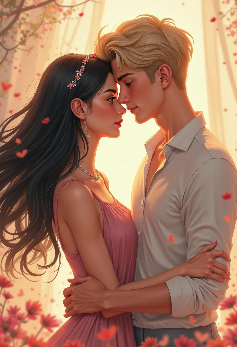 Make the cover of a romance book called " my first love ", has a light blond man with green and tan eyes, with freckles on her face, and a woman with black hair and light brown eyes, Do them as a couple.