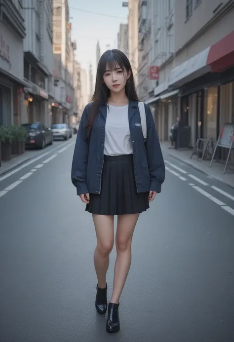 Realistic photo of a full-body shot of a Japanese high school girl standing on a city street