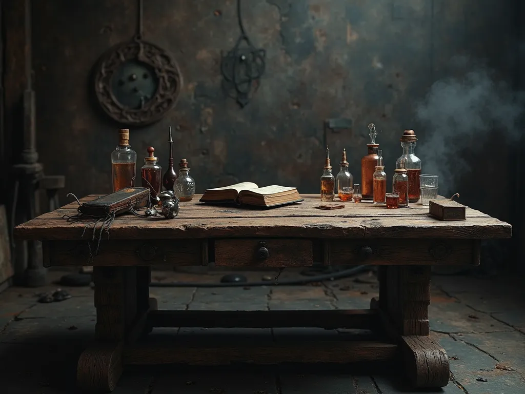 I want an old wooden table, Dark with alchemist objects on top. Some potions a large dark book. Remember that this table will be used in a photoshopped art so adjust its angle to see its entire surface but not the table's legs, I DON'T WANT TO SEE THE TABL...