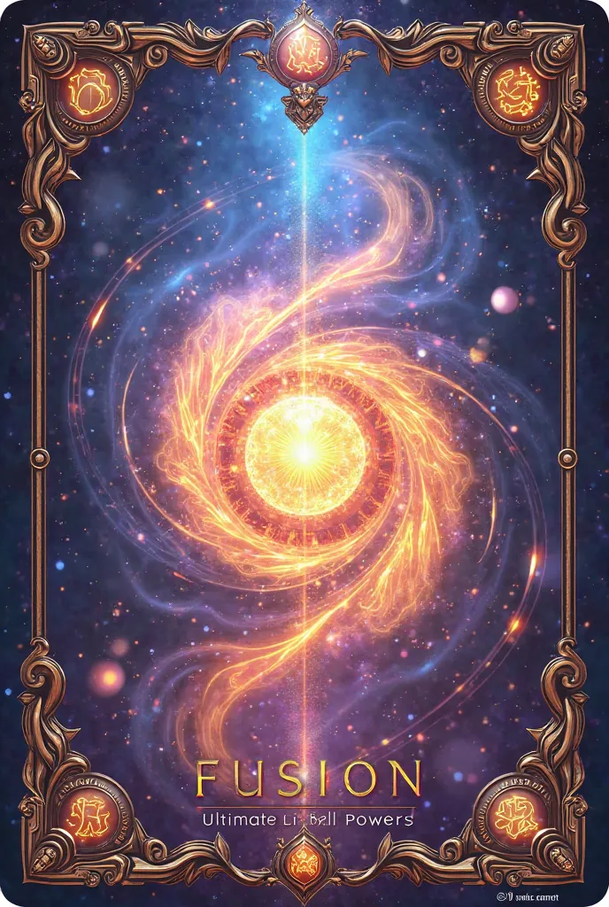 "Design a mystical fusion card with an ethereal and powerful aesthetic. The card should have a glowing, arcane border with intricate, enchanted runes etched into its edges. The central artwork should depict a swirling vortex of energy, symbolizing the fusi...