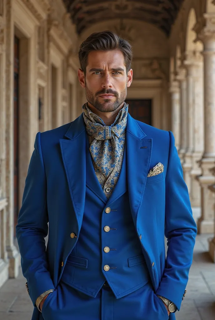 Make him a color blue outfit of a prince with a colonial necktie 