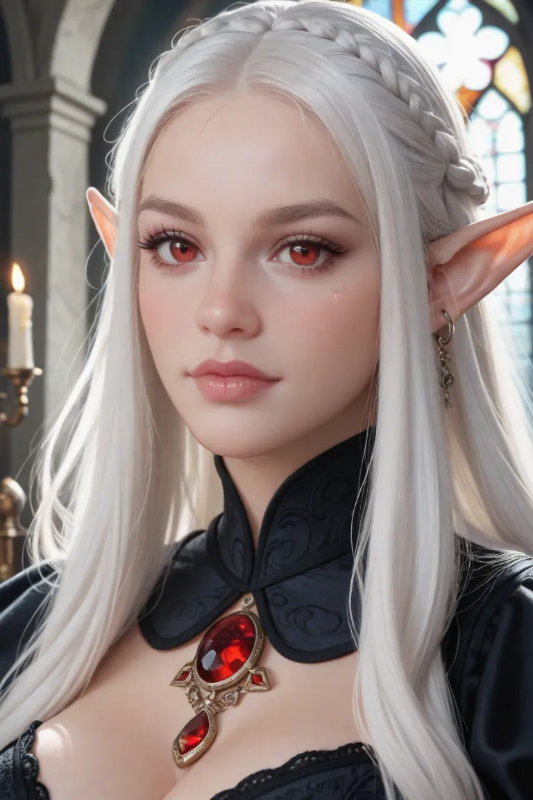 A semi-realistic portrait of a female Drow Elf with long, flowing white hair, lavender-colored skin, and piercing red eyes. She has a voluptuous figure with a big chest and wears intricate dark cleric robes dedicated to Lolth, adorned with spider motifs an...