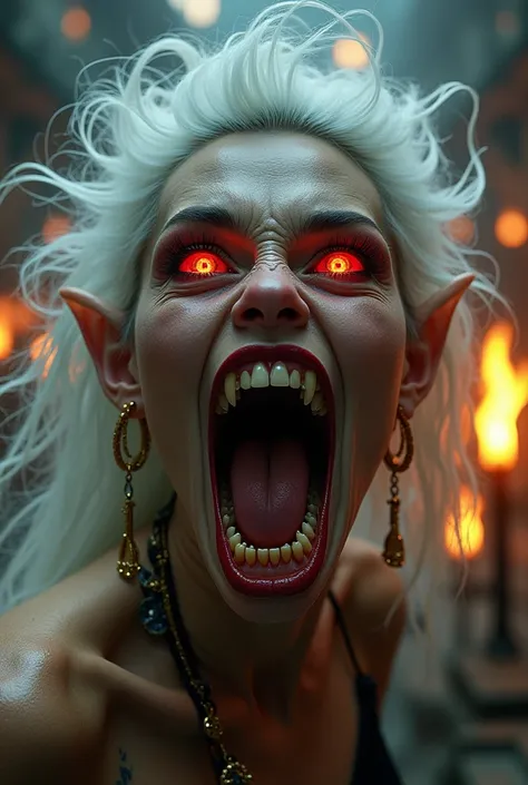 **Prompt:**  
"A close-up of a fantasy humanoid demon woman with sharp teeth and an unnaturally large open mouth, revealing sharp fangs and a monstrous tongue. Her eyes glow red with a playful yet menacing expression. She has wild, silver-white hair flowin...