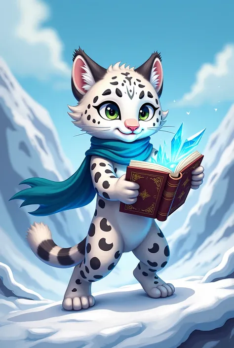 A young snow leopard wizard with a book of ice spells, dynamic, cute, casual concept. stikers for chat 