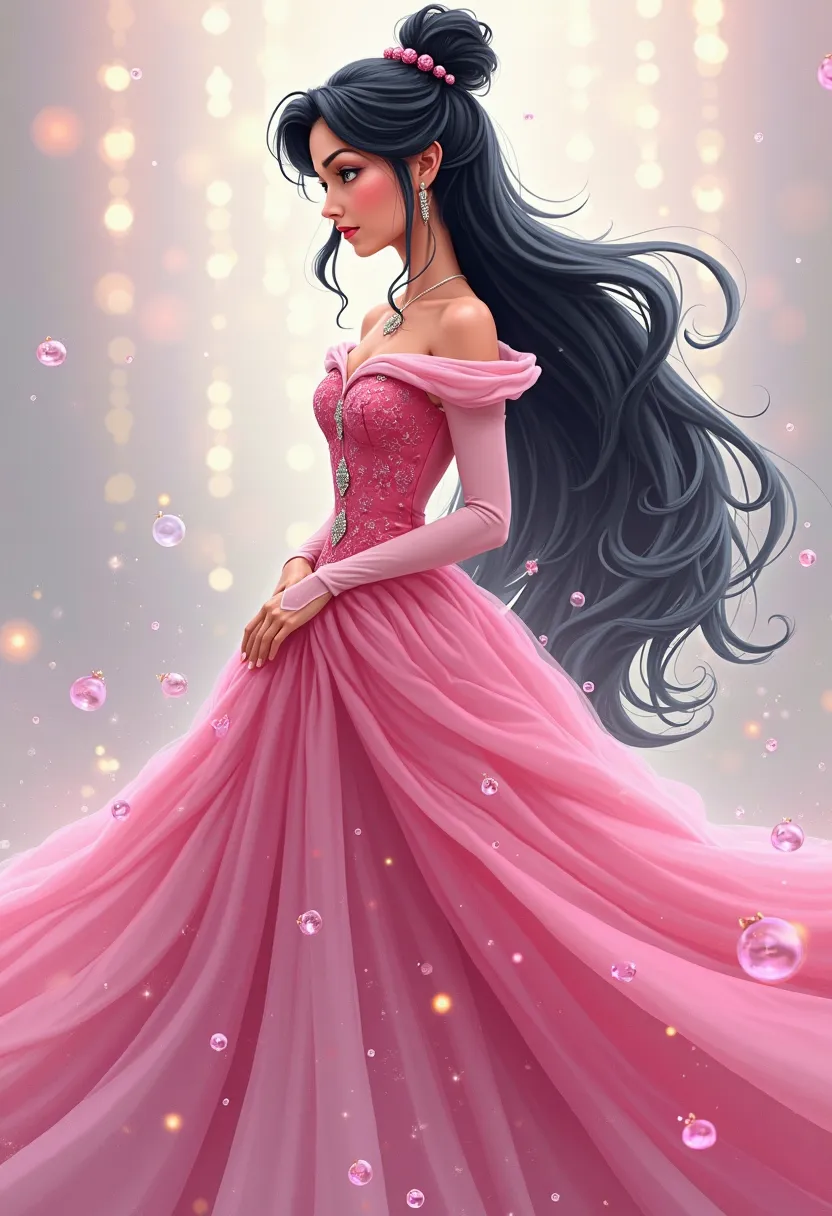  two ********* black hair tied pink princess dress Disney drawing from the front

