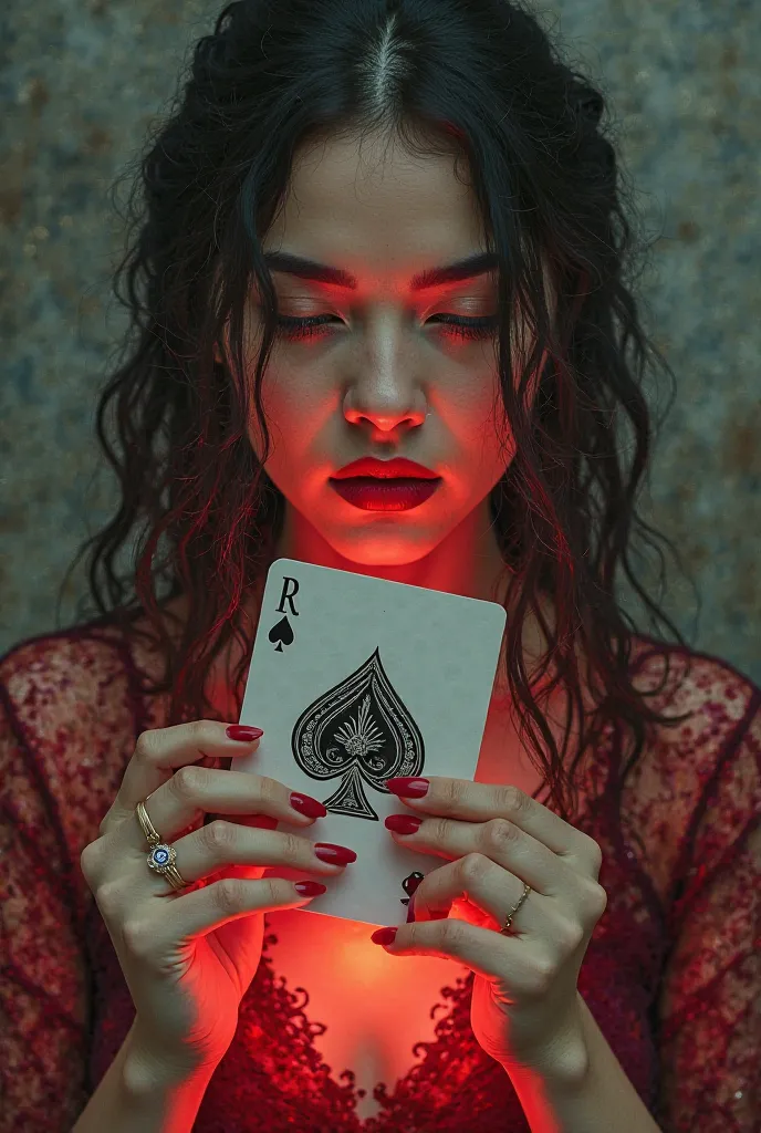 Woman with red Varnish wedding enchanting card of spades and a sign spelled Roro is at hand