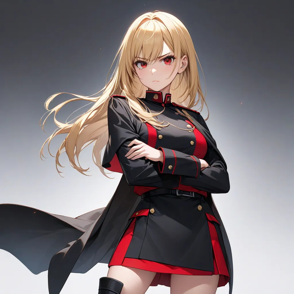 High resolution, high quality, HD, beautiful female, 1 female, beautiful, ager, serious, medium breasts, long straight hair, blonde hair, scarlet red eyes, black military uniform, black cape, short skirt, cross arms, black boots