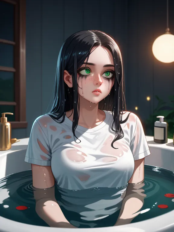 EmeraudeToubia Highlighter a beautiful woman of 20 years old long straight black hair and green eyes freckles shiny lips curves and bust
He is in a bathtub, tub with water, there are LED lights and a red reflected wall, a hand on his abdomen, he wears a sh...