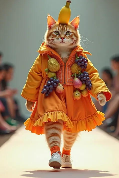 (photorealism:1.2), cute ginger cat, in banana hat, dress made of orange, grapes, dragonfruit, lychees and durians white shoes and colorful socks walk down the runway