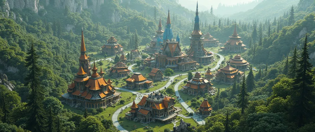 (photorealism:1.2), neo-traditional Elvish blended with a touch of utopian futuristic woodland city, sprawling enchanted layout, low-lying, varied businesses and homes, dry, varied forestry, tall enveloping forest, more Elvish, thick woodland living feel, ...