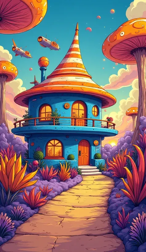 A vibrant and colorful fantasy house with a whimsical, futuristic design. The house has a pointed roof with alternating orange and white stripes, a wraparound balcony, and a bright blue exterior. The setting is lush and surreal, with oversized, exotic plan...