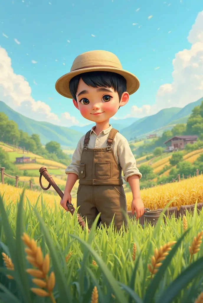  , with clothes and field tools, short Chinese hair , Pixar type
