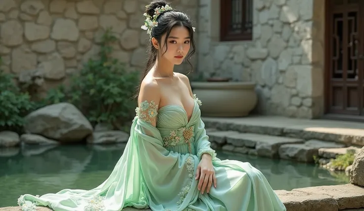 Chinese girl in a light green sash，Chinese ancient style girl，Sexy，beauty， lovely woman，beauty的东方女人，showing most of her skin，sitting by a pool made of stone，Surrounded by a stone house，