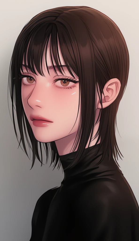 Girl with straight hair, short hair and bangs, Black hair and brown eyes 