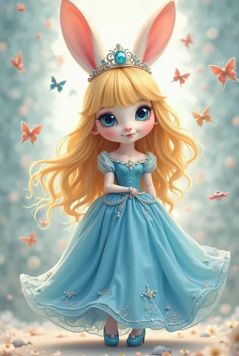 A white rabbit princess with a beautiful chest and a slender waist, golden yellow hair with bangs, long hair, beautiful face, tall, big eyes, very cute, wearing a beautiful sparkling blue princess dress, can see the whole body, wearing high heels, wearing ...