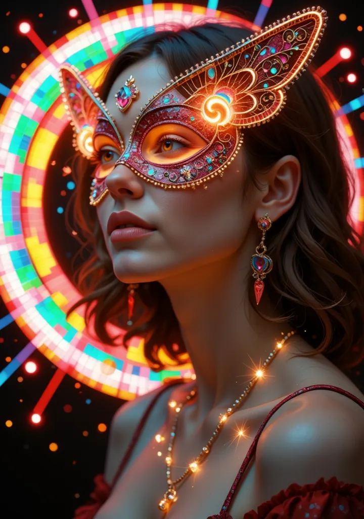 portrait, circle, tangle composition, in a reij-tangleFL style, realistic, a woman, high fashion magazine cover, sparkle, prominently displayed, still life, mask formed as a buttefly, stardustij, stardust effect, sparkle, shimmer, stardust swirling, surrou...