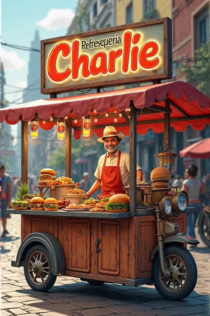 Make me a logo of a brown vendor on a fast food cart that shows foods like hamburgers and I have a sign on the top that says "Refresqueria Charlie" 