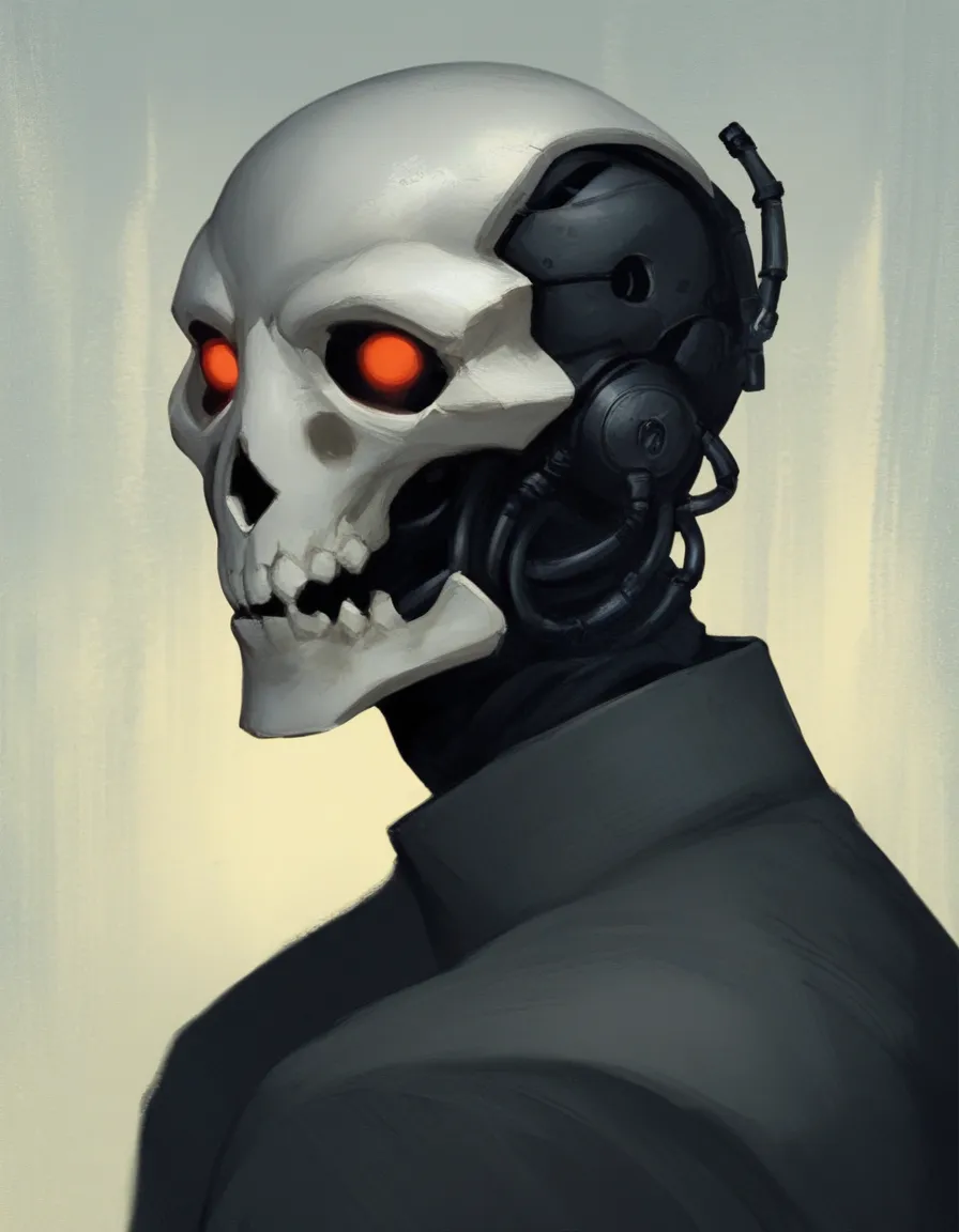 score_9, score_8_acima, score_7, score_6, score_5, score_4, droid, robot, mechanical face, male, white face, black body, skull face, minimalistic skull face, glowing red eyes, discostyle, abstract, expressionist, harsh brushtstrokes, brutalist design, no t...