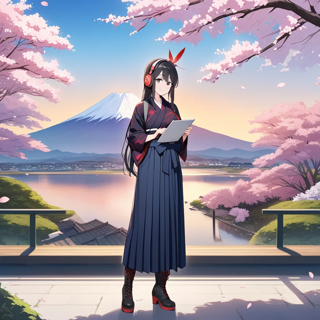 Masterpiece, female student, alone, kimono, kimono with arrow feather pattern, hakama, standing, boots, whole body, holding a tablet computer, headphones, smiling, black hair, Red ribbon on half-up hair, half-up long hair, black eyes, cherry blossoms and M...