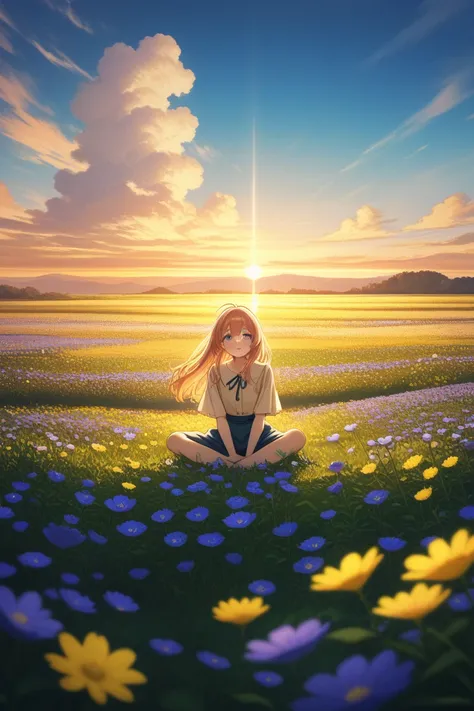 anime girl sitting with legs crossed on a open field with blue sky background