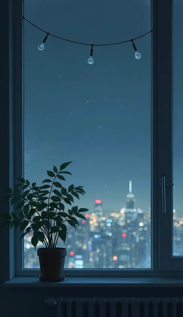 In a window a plant and and you look at a city in the blurry night without people.  