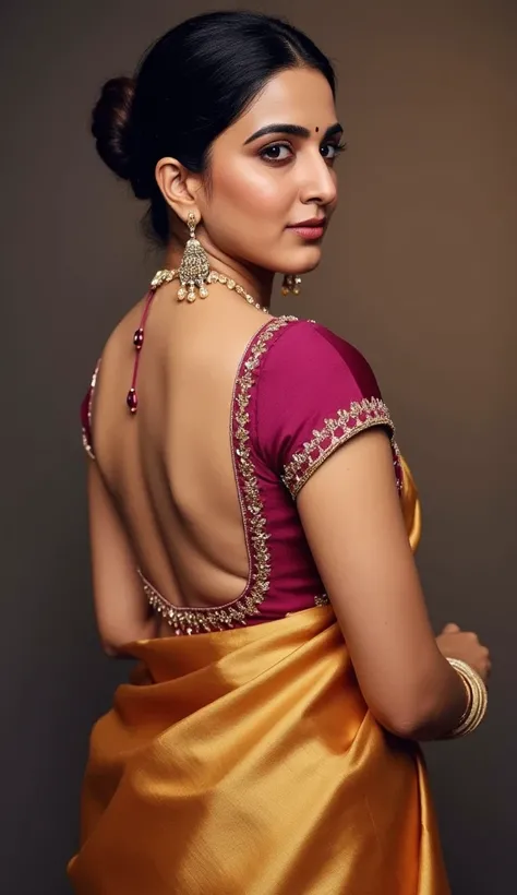 araffed woman with a golden black satin sari and a pink silk  dark maroon blouse, attractive pose, stylish pose, traditional beauty, beautiful pose, awesome pose, very seductive pose, sexy pose, indian, cute elegant pose, very beautiful enga style, very se...